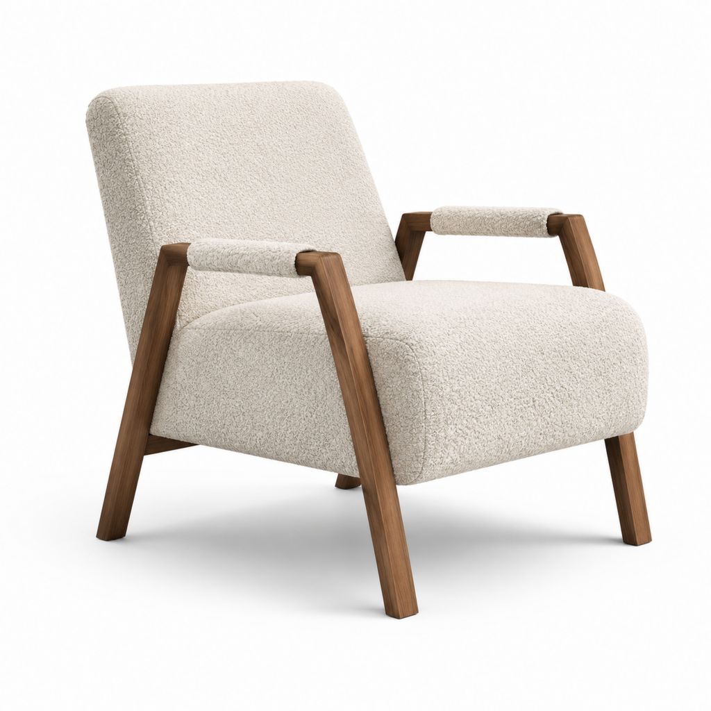 Sessel Cremeweiß mit Bouclé-Polyesterbezug und Massivholzgestell 76 x 80 x 82 cm