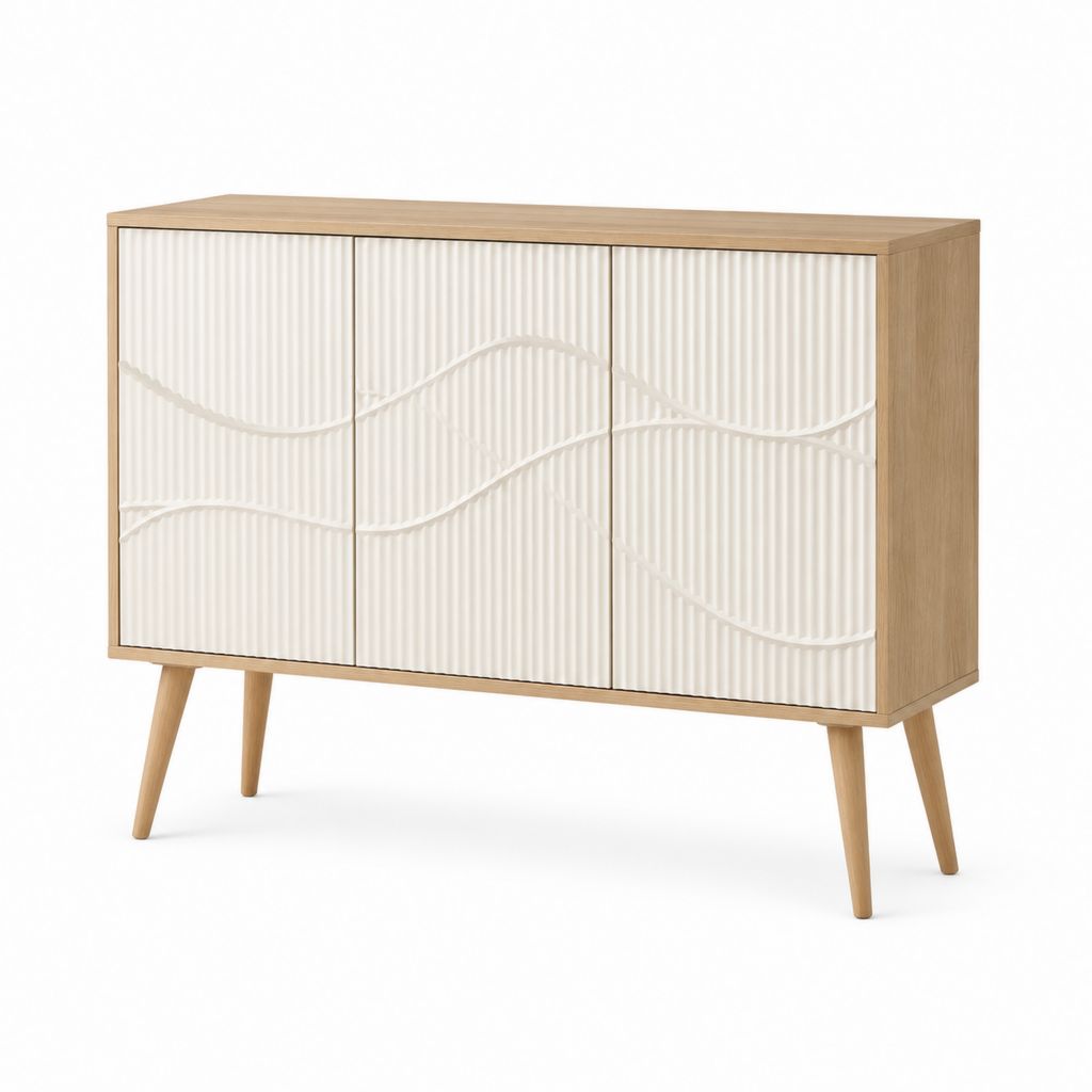 Sideboard mit 3 Türen in Eiche Natur und Cremeweiß aus MDF 120 x 40 x 80 cm