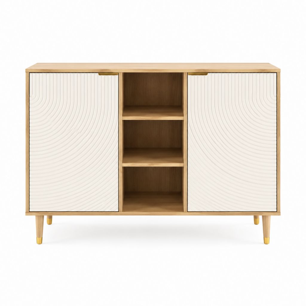 Sideboard mit 2 Türen und 3 offenen Fächern Eiche Natur Weiß MDF rechteckig 120 x 40 x 85 cm