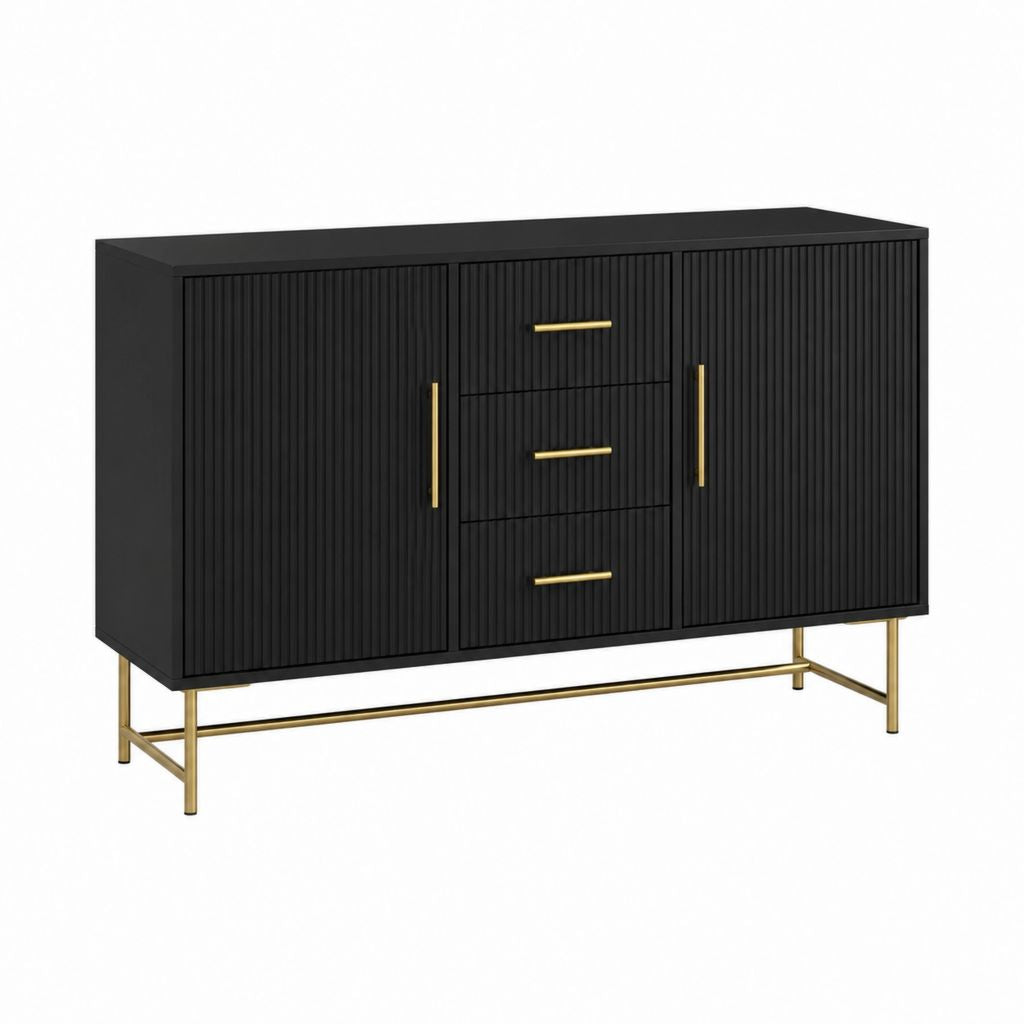 Sideboard Schwarz aus MDF mit geriffelter Front und goldfarbenem Stahlgestell 120 x 40 x 85 cm