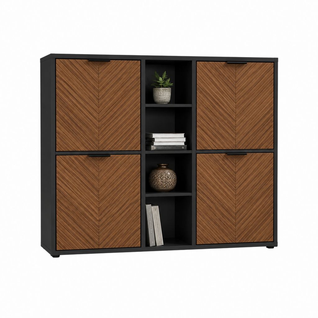 Sideboard mit 4 Türen und 4 offenen Fächern Nussbaumdekor Schwarz MDF rechteckig 140 x 40 x 120 cm