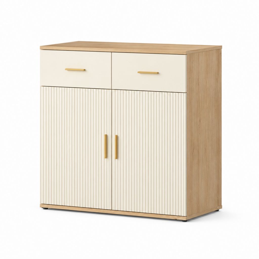 Sideboard mit 2 Türen und 2 Schubladen Eichefarben Creme Spanplatte rechteckig 80 x 40 x 90 cm