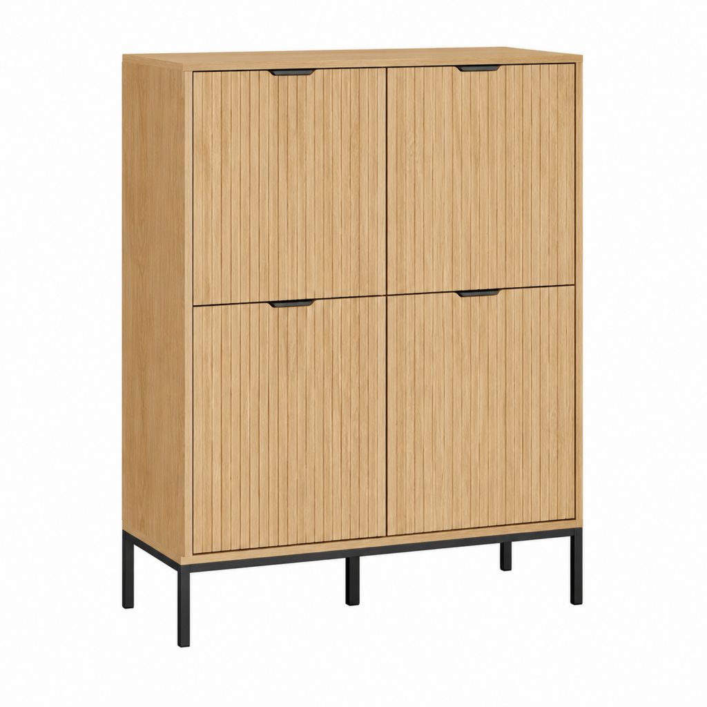 Highboard Sideboard Eichenfurnier Natur Schwarz mit 4 Türen 90 x 40 x 140 cm