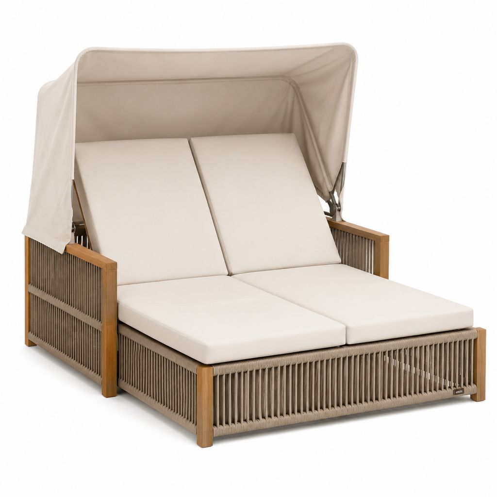 Doppel-Sonnenliege Beige Braun aus Teak-Massivholz und Polypropylen-Seil rechteckig mit verstellbarem Sonnendach 200 x 150 x 190 cm