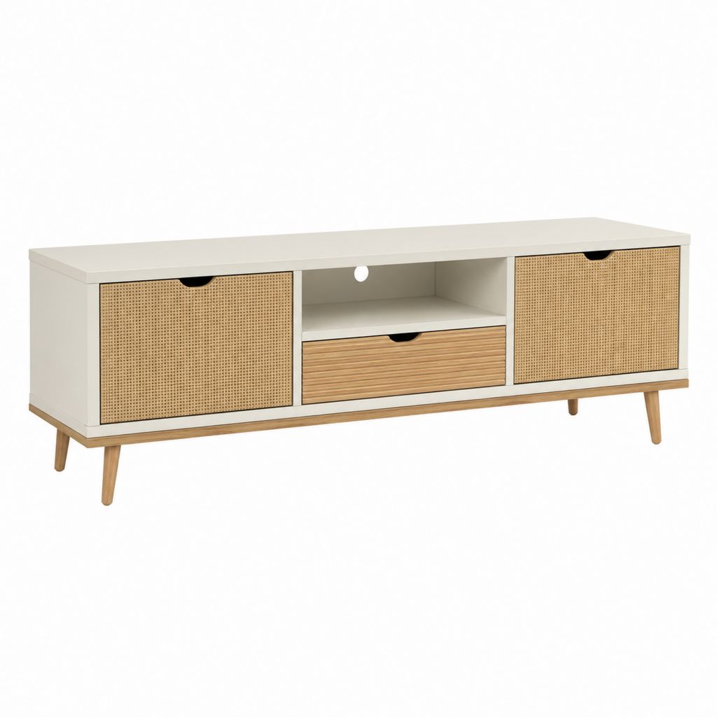 TV-Lowboard Weiß Spanplatte Rattan Rechteckig 140 x 40 x 55 cm