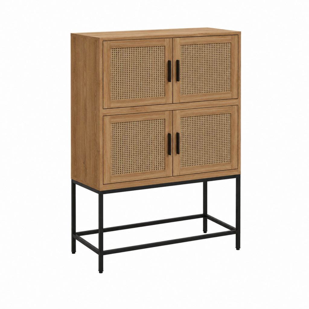 Sideboard Highboard rechteckig in Eichenoptik mit Rattangeflecht und Stahlgestell 80 x 40 x 140 cm